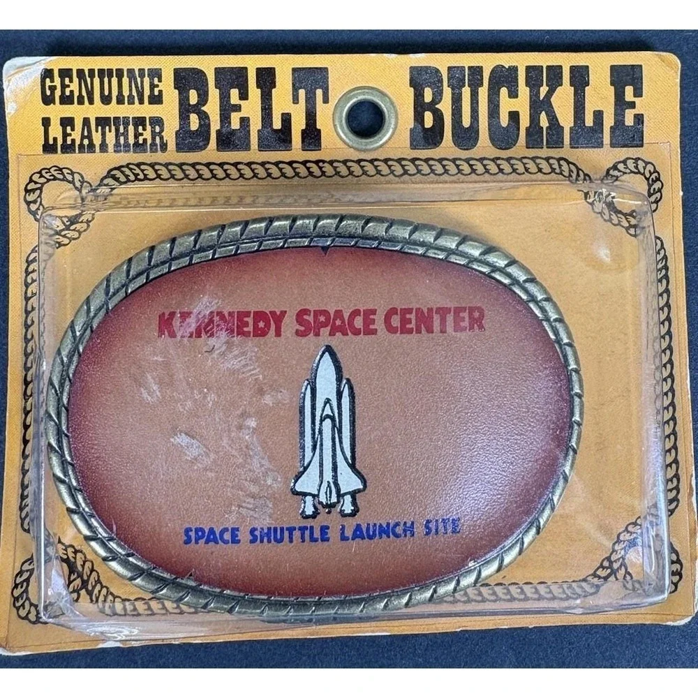 Vintage Kennedy Space Center Space Shuttle Leather Belt Buckle NOS Made USA
